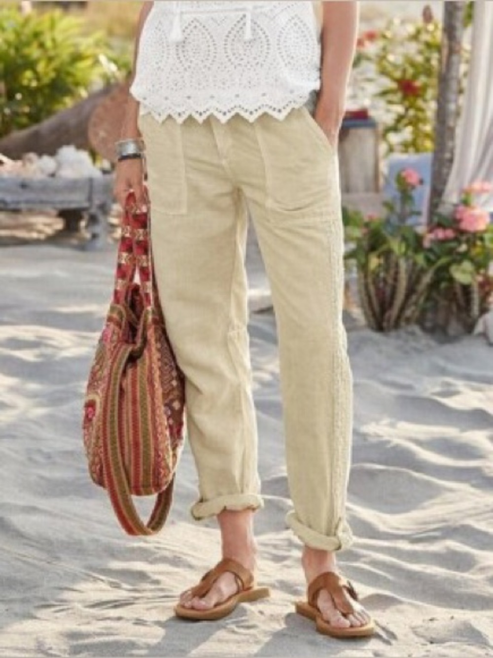 Sundance Women’s Yellow Linen Blend Pants Size 4P Crochet Lace Trim Utility